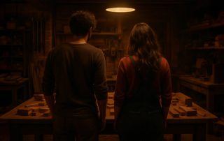 woman and man standing in front of a table in wood shop