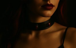 close up of a woman wearing leather choker and red lipstick
