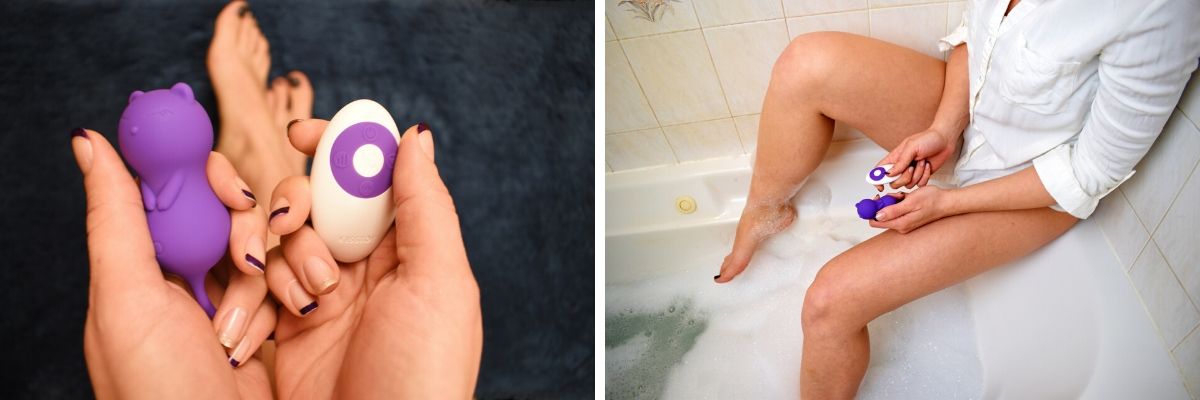 Girl in a bathtub holding kegel kitty