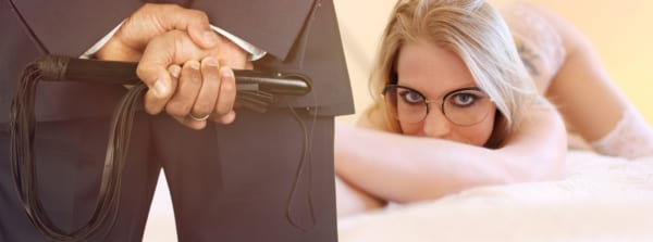 Dominant holding a flogger and a submissive on the bed