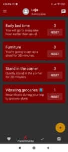 Screenshot from Obedience app - Punishment list