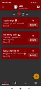 Screenshot from Obedience app - Reward list