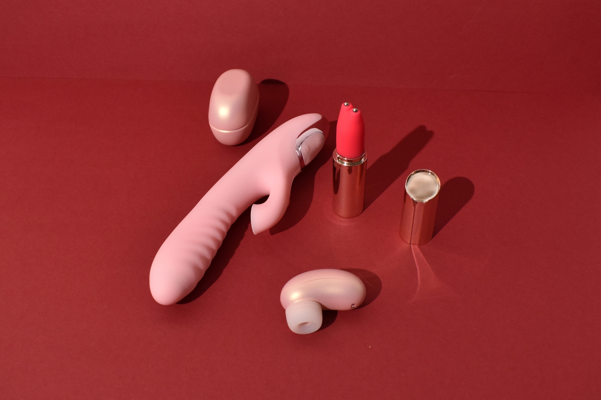 Mini Earbud, Wave Rabbit and Betty Lipstick sex toys angle
