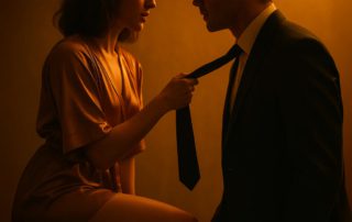 woman pulling a man by his tie