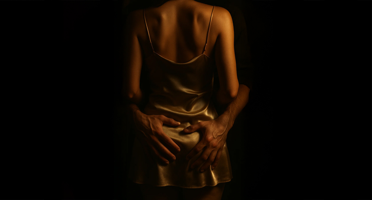 woman standing in silk nightdress , men's hands holding her but cheeks