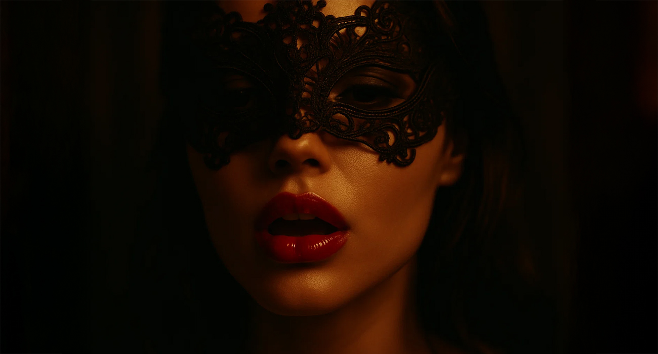 woman's face, wearing lacy eye mask and red lipstick