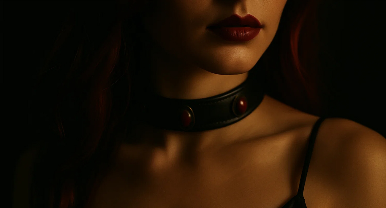 close up of a woman wearing leather choker and red lipstick