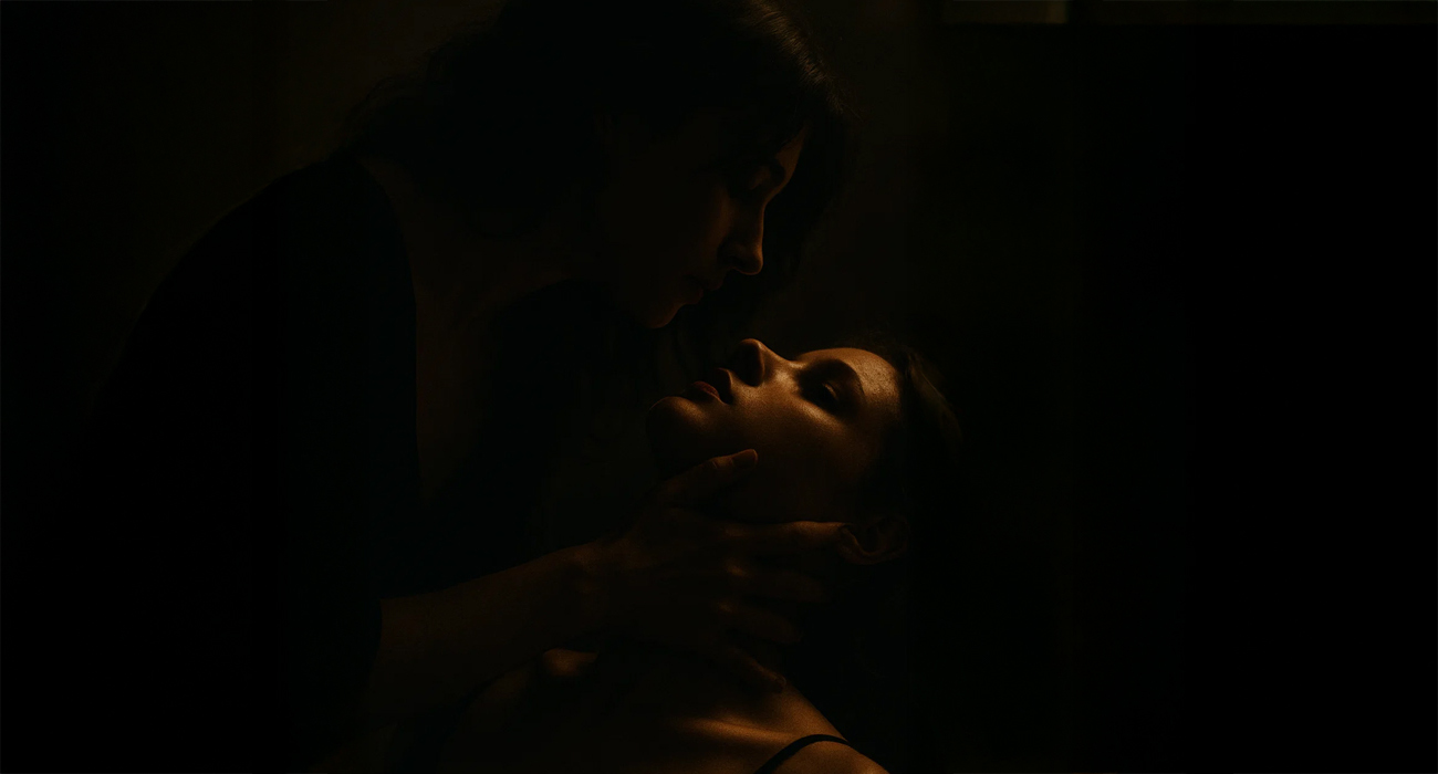 woman holding another woman and looking into her eyes