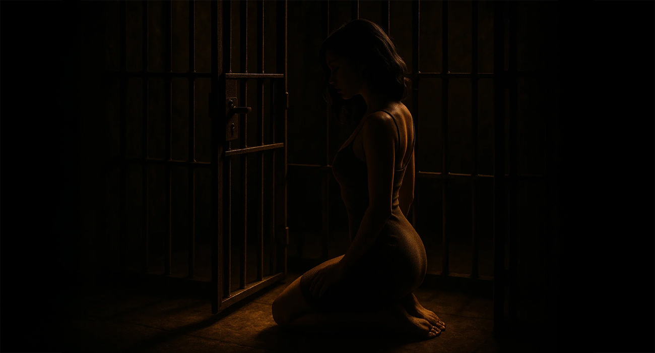 woman kneeling in front of barred doors