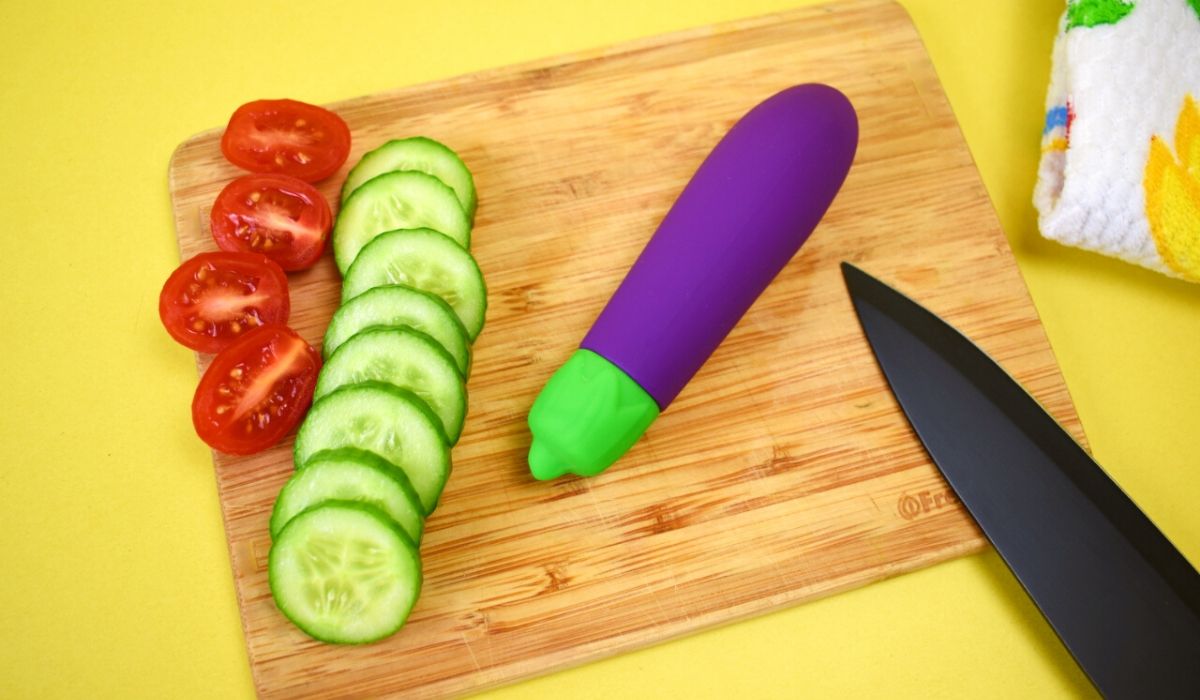 Eggplant emojibator on cutting board