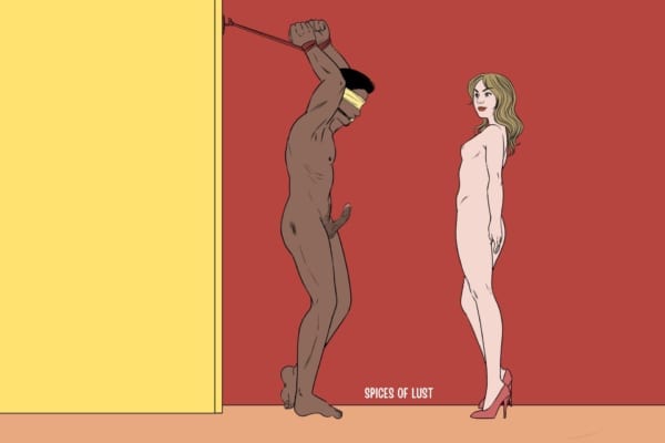 Man tied to a door and a dominatrix near him