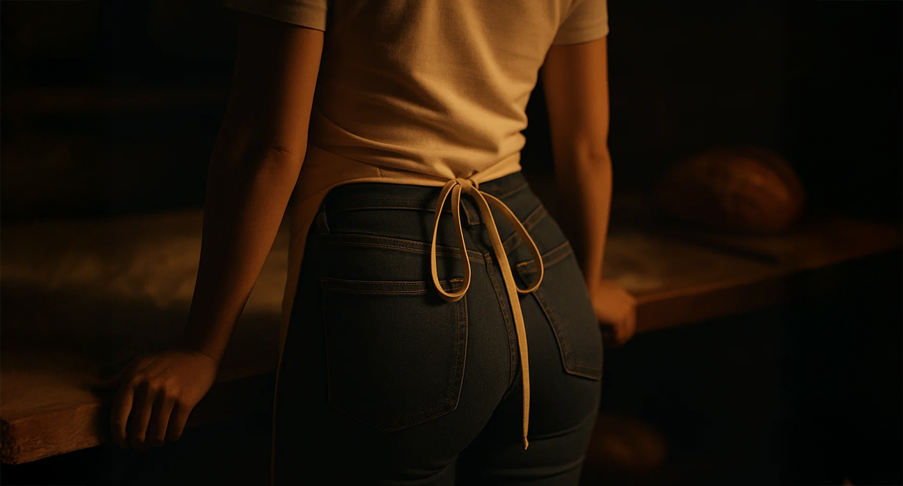 woman's middle in apron standing in front of table in bakery