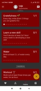 Screenshot from Obedience app - List of all habits