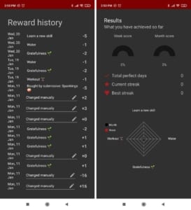 Screenshot from Obedience app - Reward history and stats screen