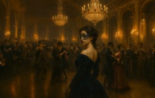 Woman in a mask standing in front of a crowd on a ball AI