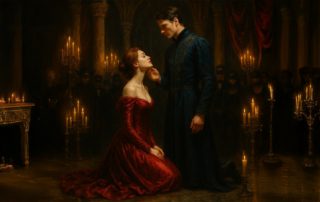 Woman on her knees and a man holding her chin AI