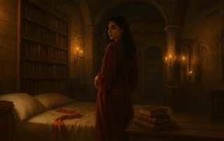 Woman standing in front of a bed in a robe AI